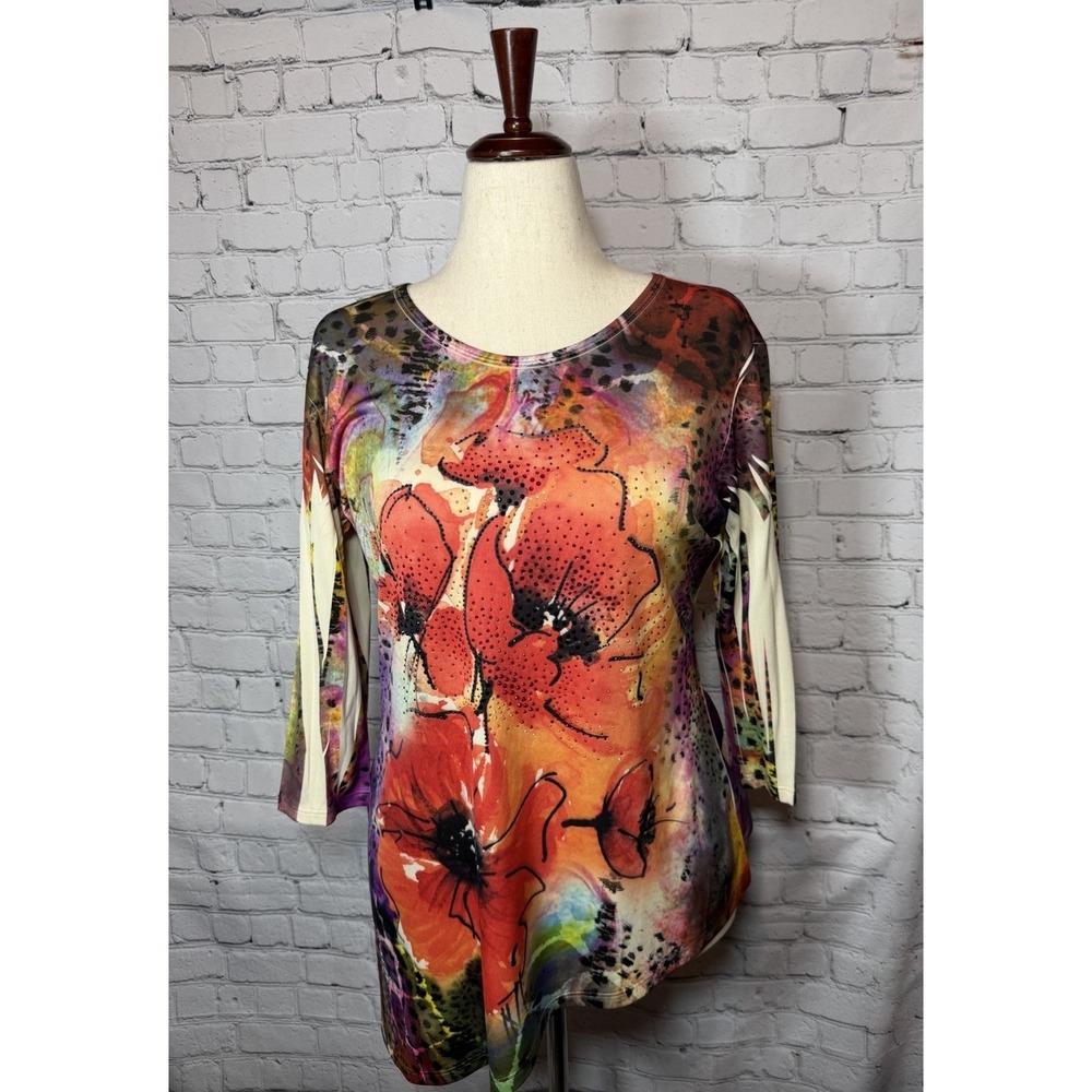 Jess & Jane Poppy Colorful Rhinestone Asymmetrical Artsy Top Small